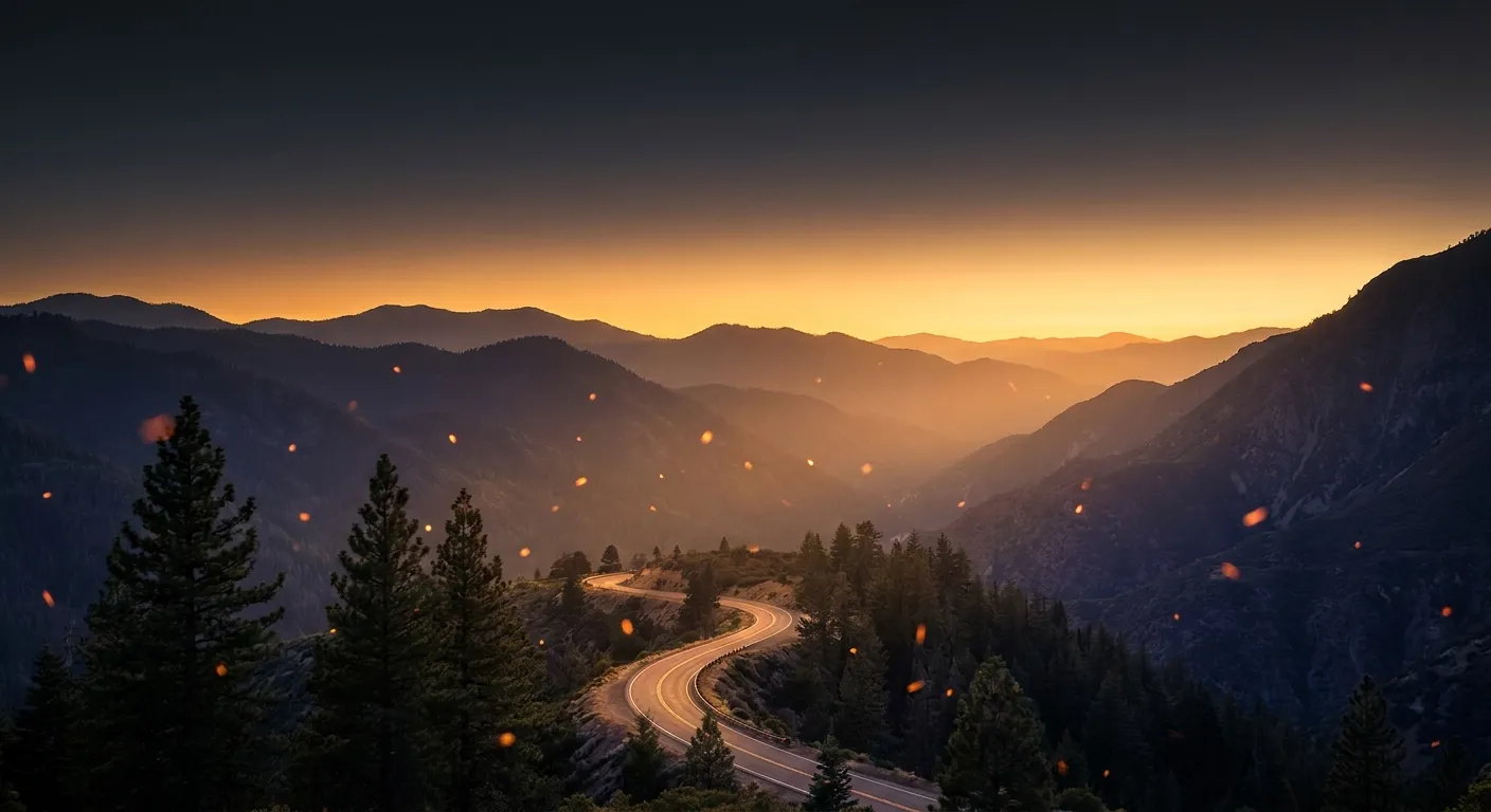 Winding mountain road at sunset over layered ridgelines, the Sunset Systems brand image