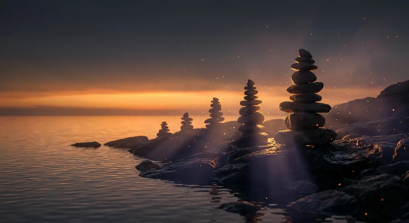 Stone cairns stacked in ascending order on coastal rocks at sunset